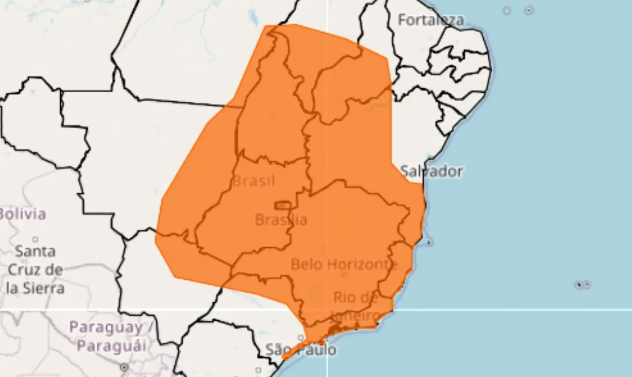 O mapa mostra &agrave;s &aacute;reas em alerta para chuva intensa e ventos na regi&atilde;o